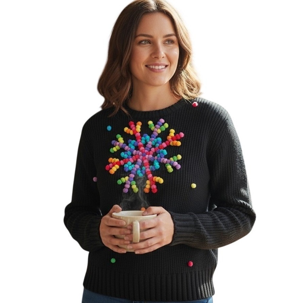 Michael‎ Simon Event Women's Sweater Black Bobble Snowflake Long Sleeve Y2K  Sm